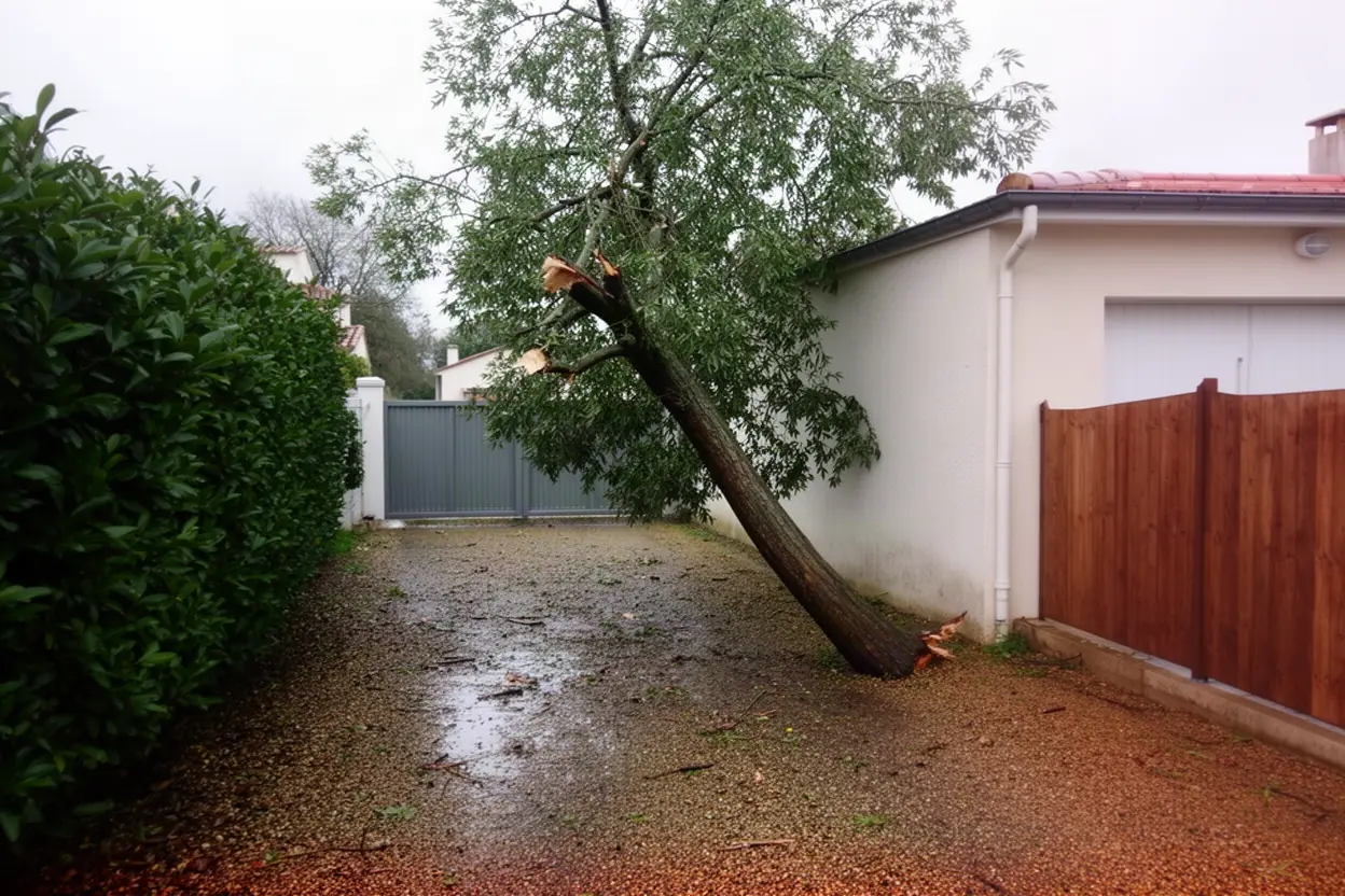 Branche fendue suspendue après un vent fort à Nieul-sur-Mer