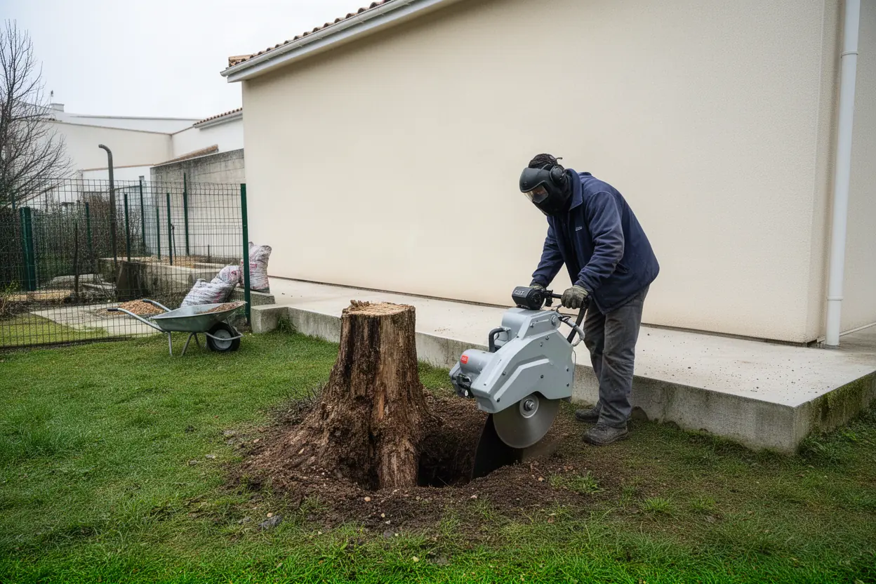 Rogneuse retirant une souche dans un jardin rochelais