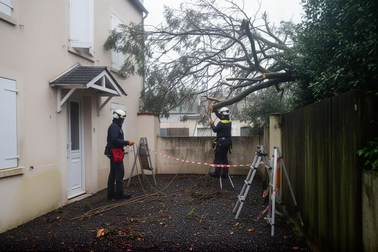 Élagueur sécurisant des branches après tempête à La Rochelle